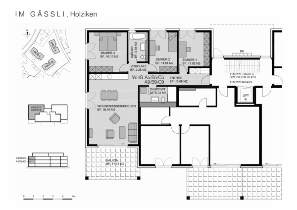 Plan 1./2. Obergeschoss 4 ½-Zimmer-Wohnungen A5/B5/C5/A9/B9/C9